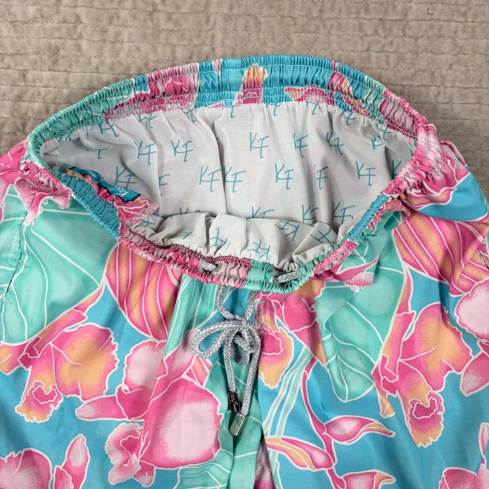 Kenny Flowers Mens Tropical Floral Swim Trunks Blue Pink Large Board Shorts